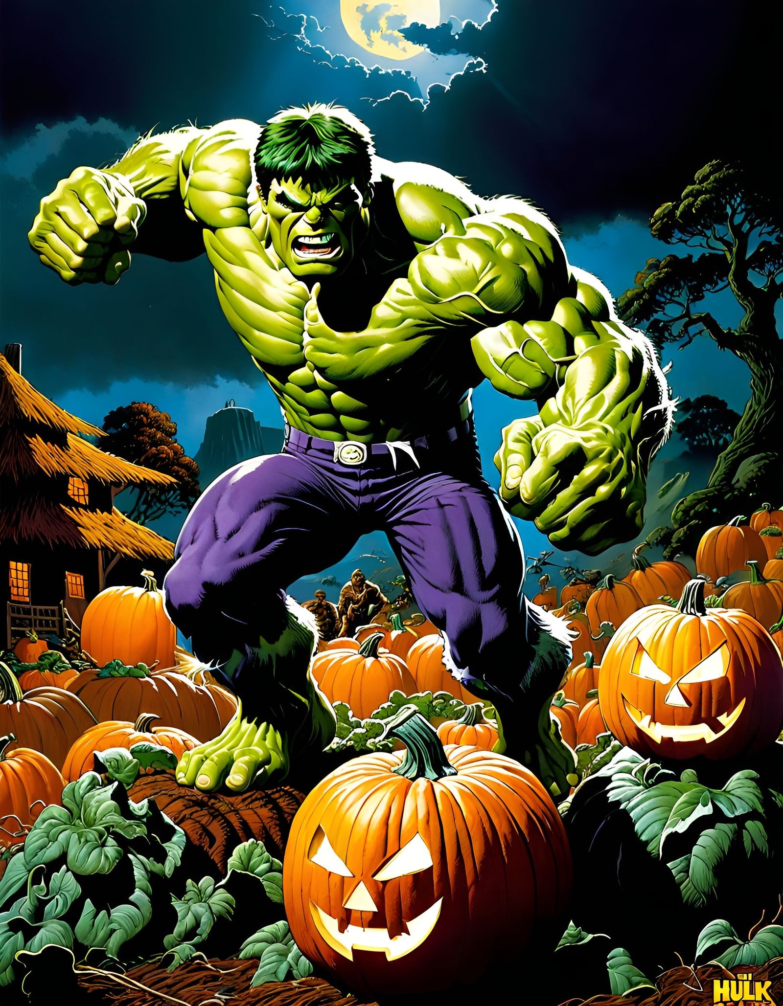 Hulk Smashes Pumpkin Patch in Fantasy Comic Style