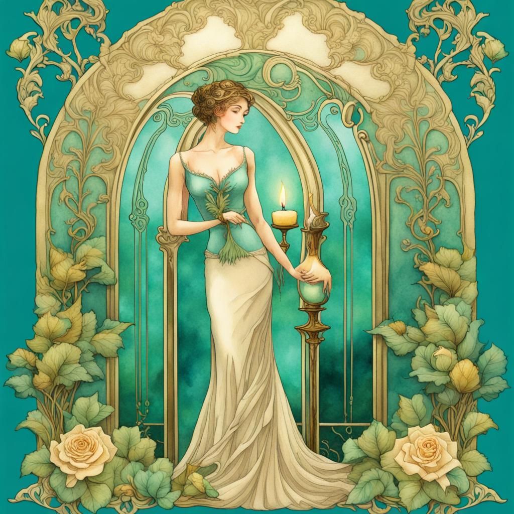 Art Nouveau Woman with Floral Archway in Watercolor