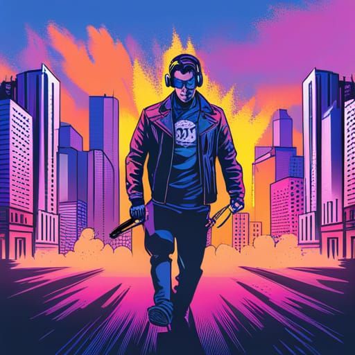 Cyberpunk Man Running in Vibrant City Alley