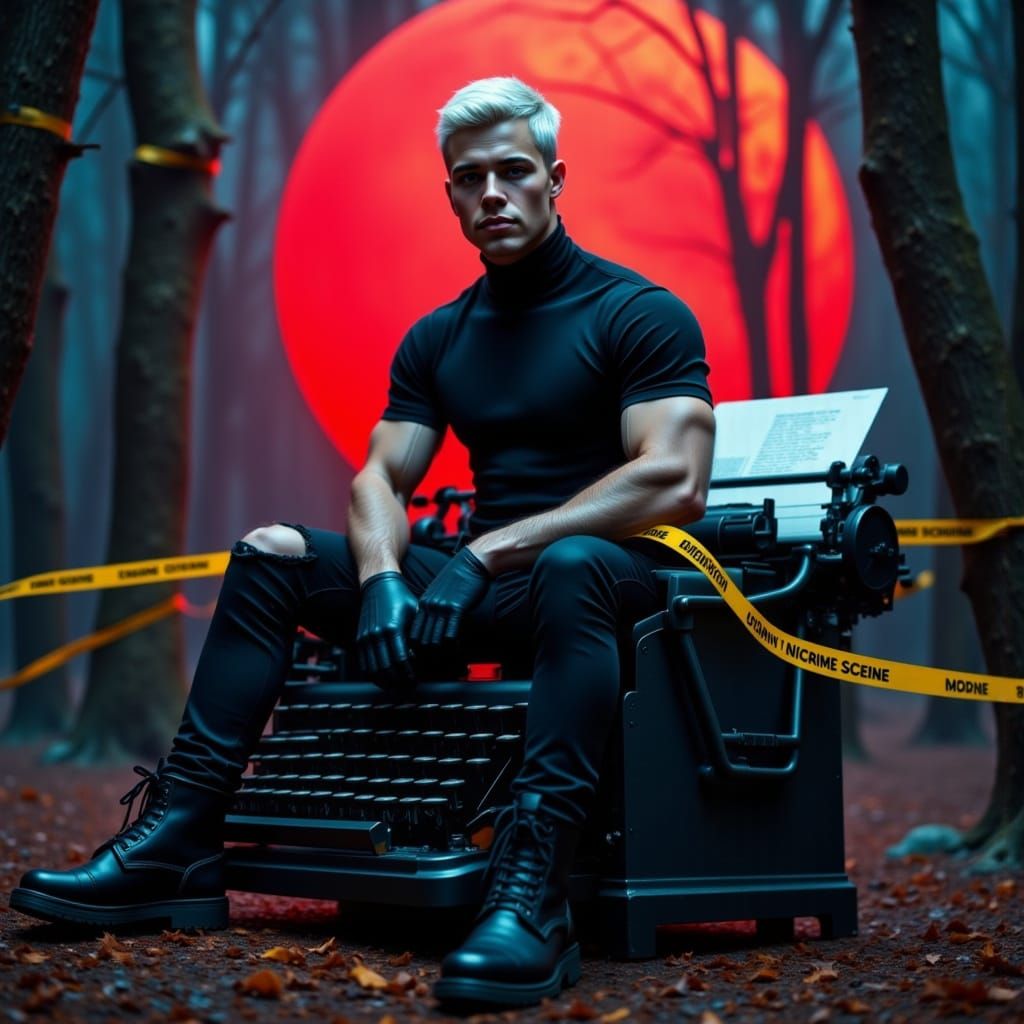 Grunge-Inspired Young Man with Glowing Limbs in Dark Forest