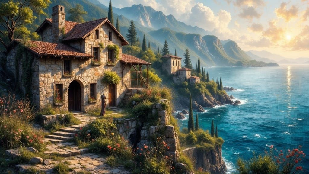 Rustic Stone House on Cliff Overlooking Ocean