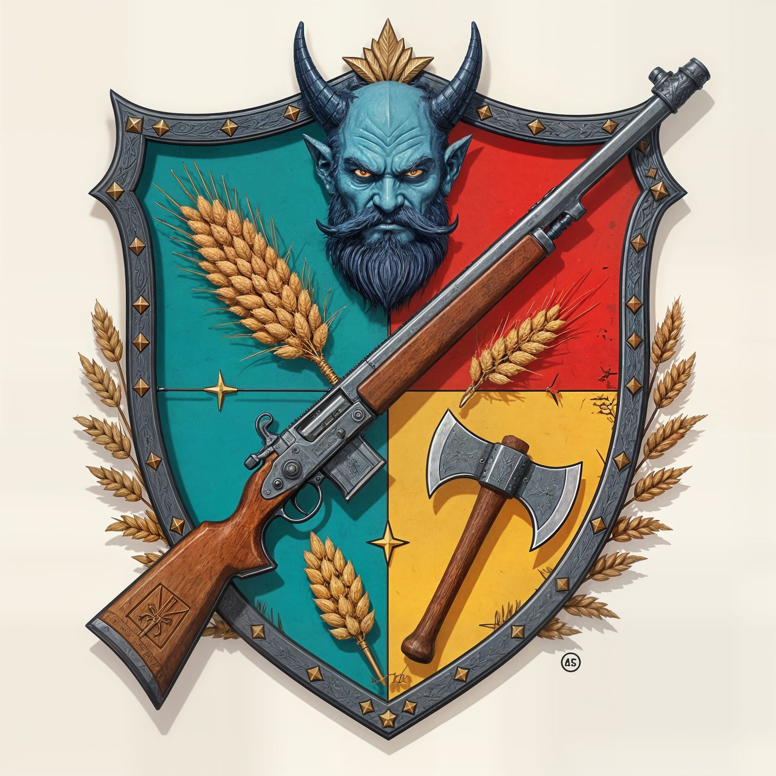 Ornate Shield with Musket, Wheat, Tomahawk and Blue Devil