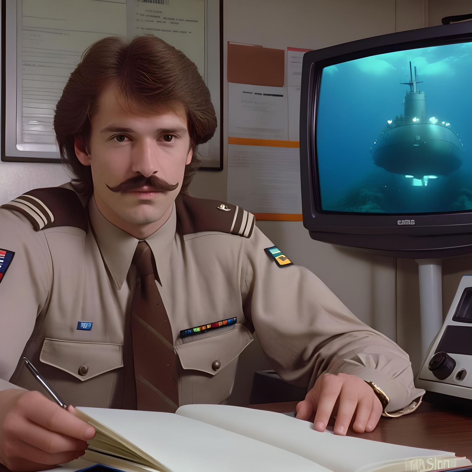 1980s Office Scene: Man at Computer with Submarine Image