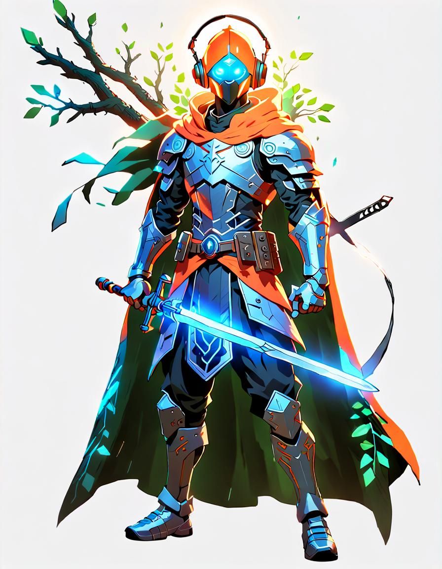 Glowing Swordsman with Headphones in Gritty Forest
