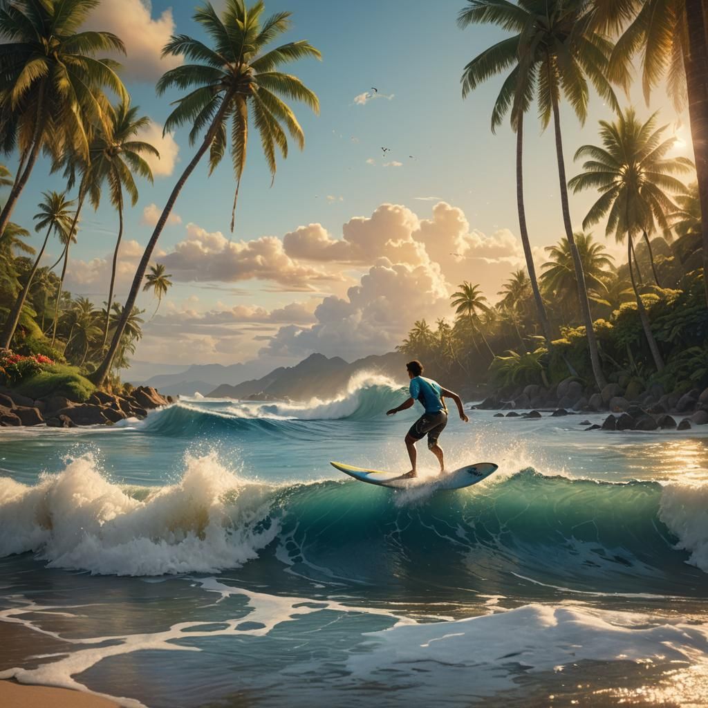 Fiji Surfer Rides Wave in Painterly Style