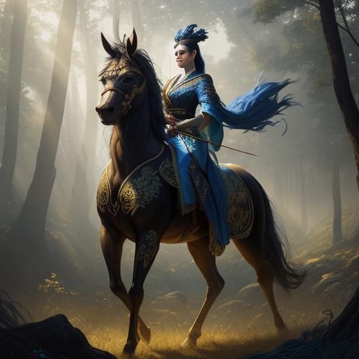 Centaur Woman with Bow in Burning Forest, Hyperrealistic Art