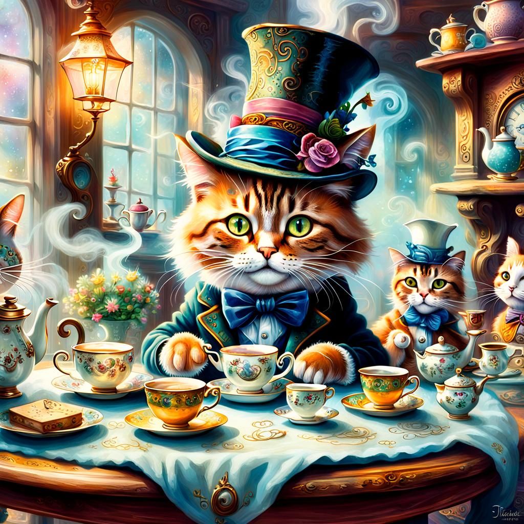 Cat and Mad Hatter Tea Party in Wonderland