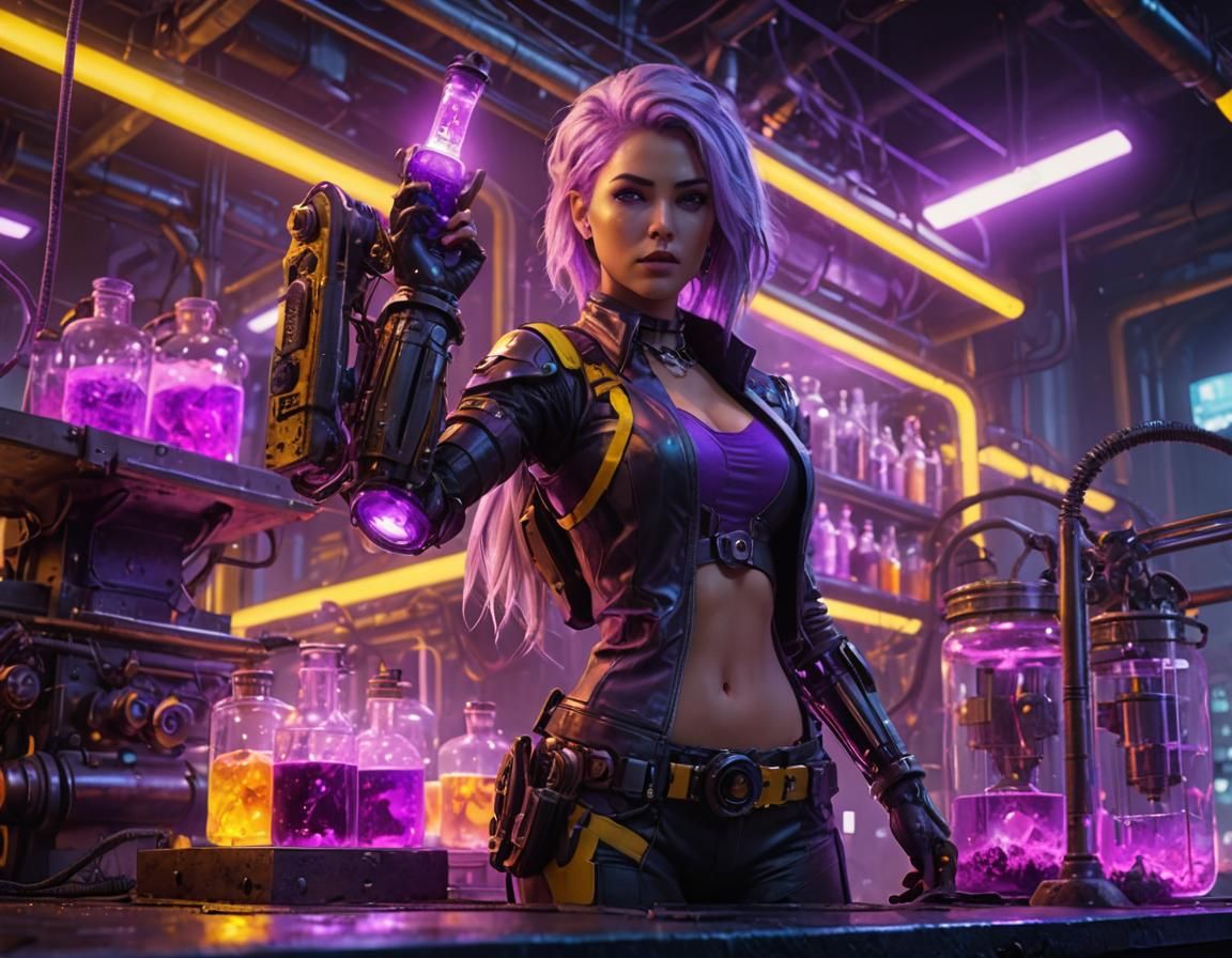 Cyberpunk Scientist with Violet Liquid Container