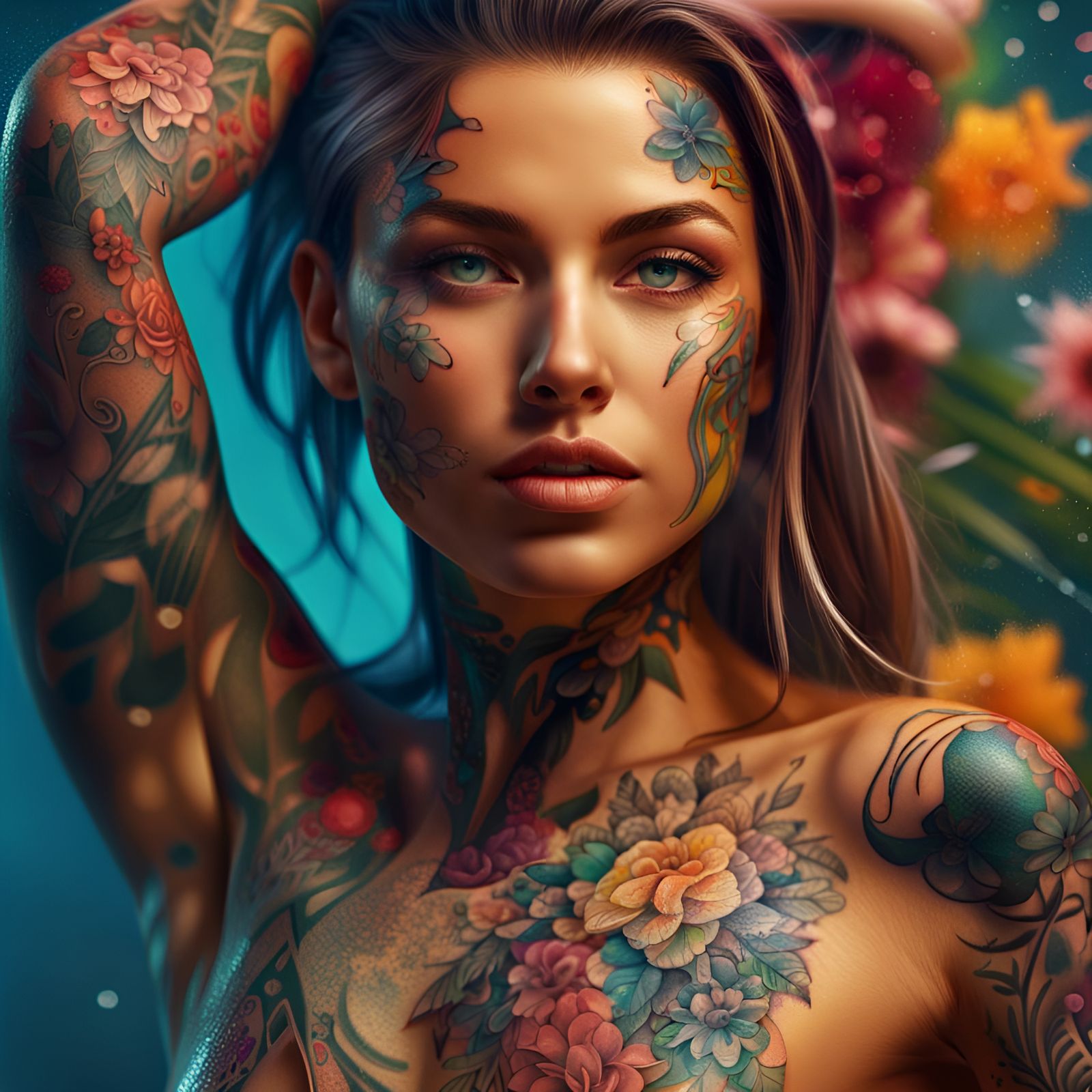 Bikini Woman with Floral Tattoos in Splash Art Style