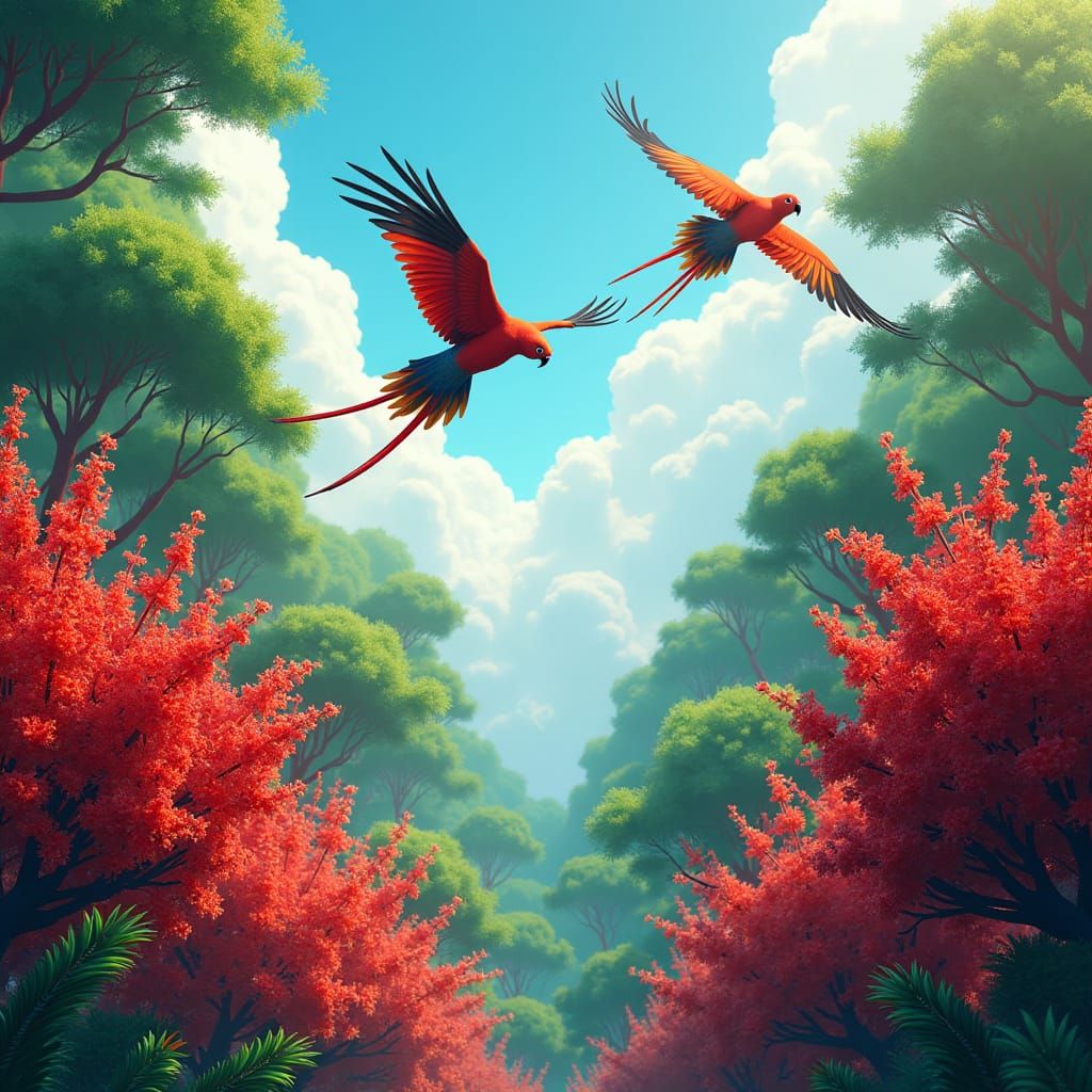 Rosella Parrots and Bottlebrush in Anime Art Style