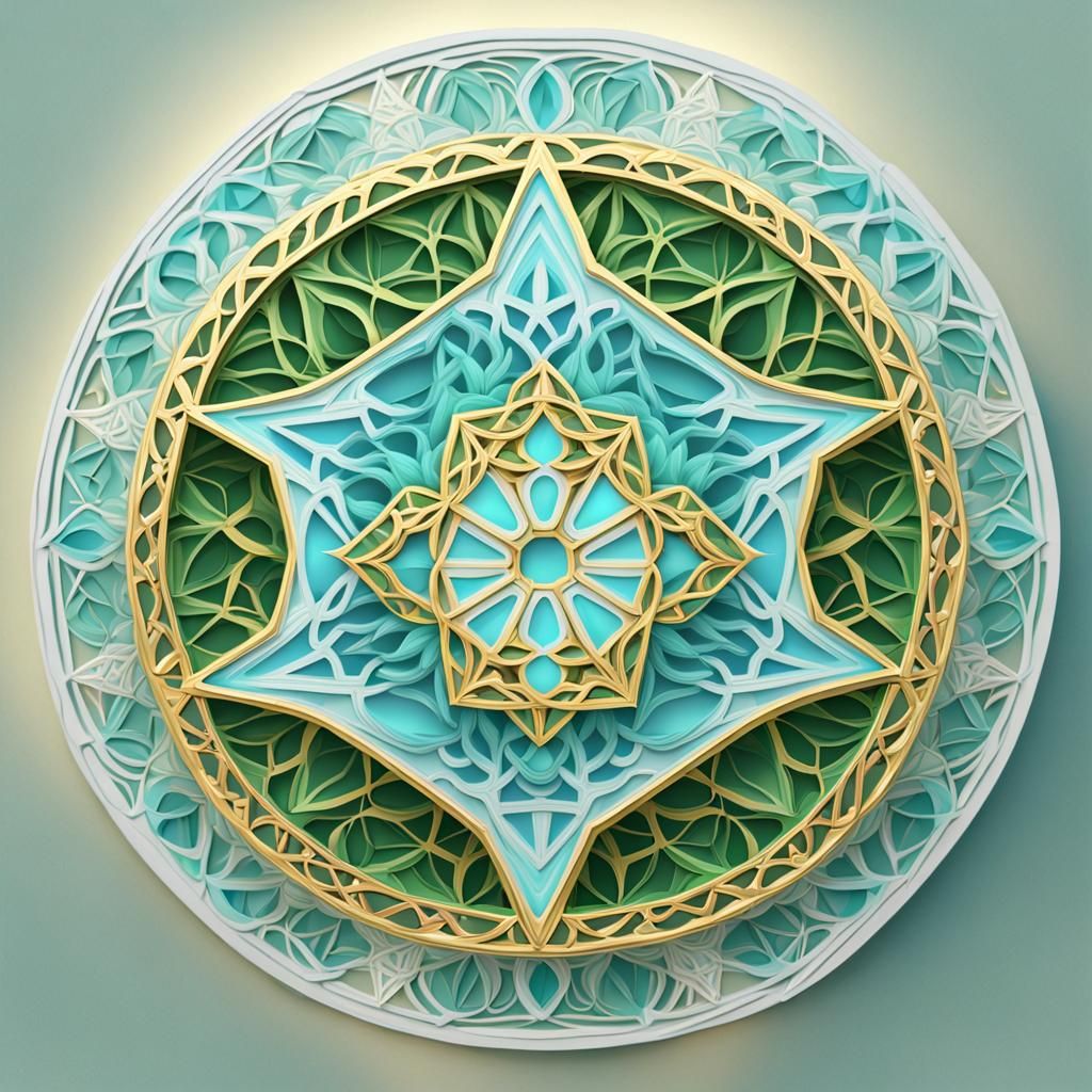 Detailed 3D Hexagram Mandala in Aquamarine and Gold