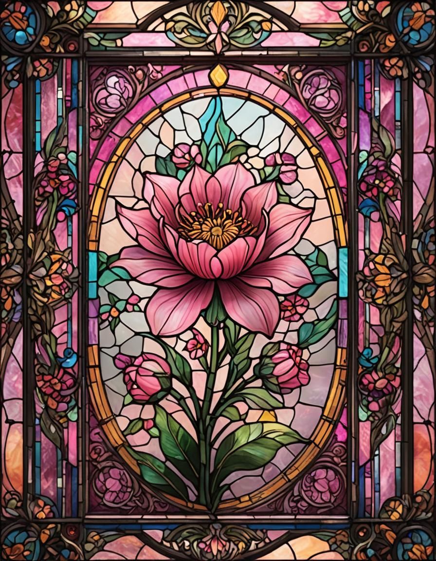 Pink Flower in Stained Glass Frame: Digital Art