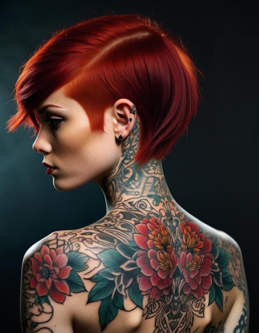 Tattooed Goddess with Buzz Cut in Dark Lighting