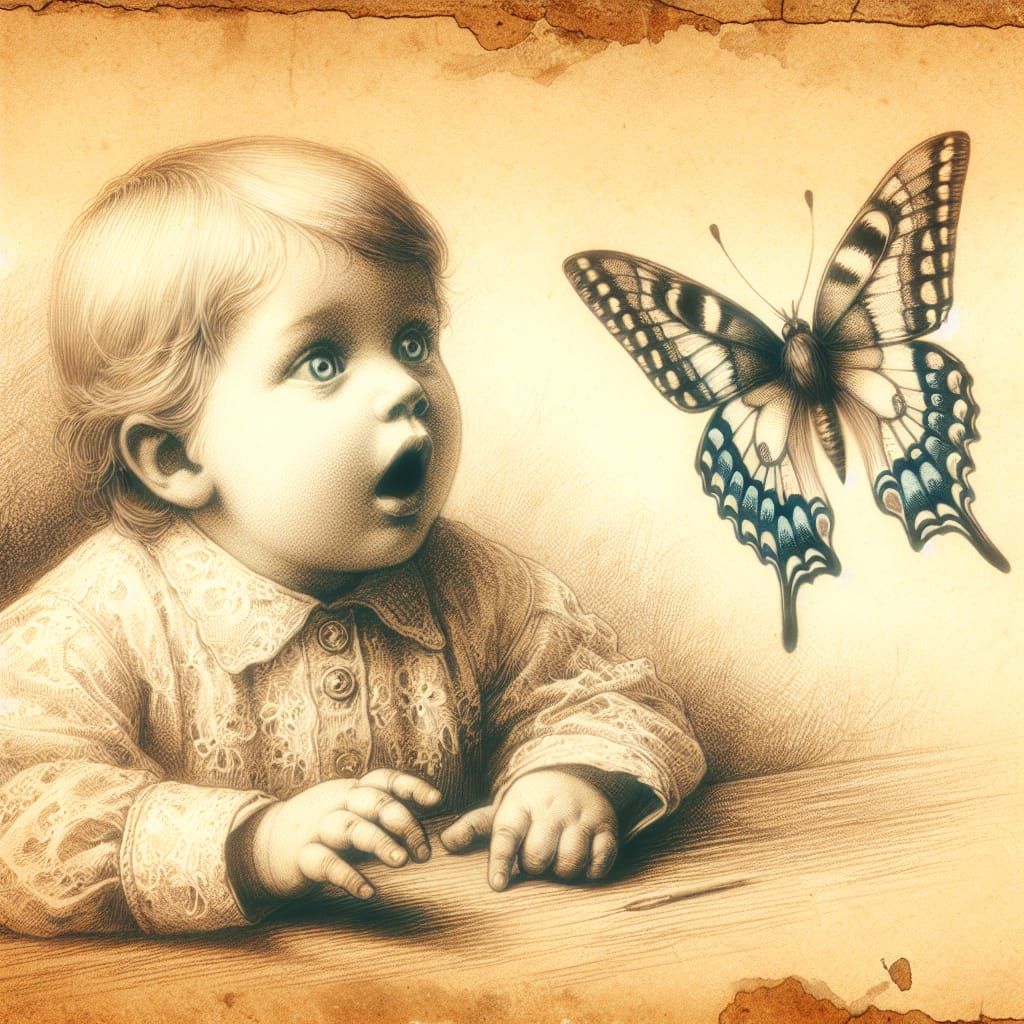 Child's Wonder: Butterfly Encounter in Chalk Drawing Style
