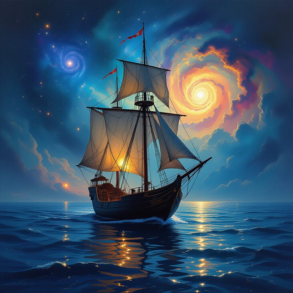 Ancient Ship on Starlight Sea Under Cosmic Sky