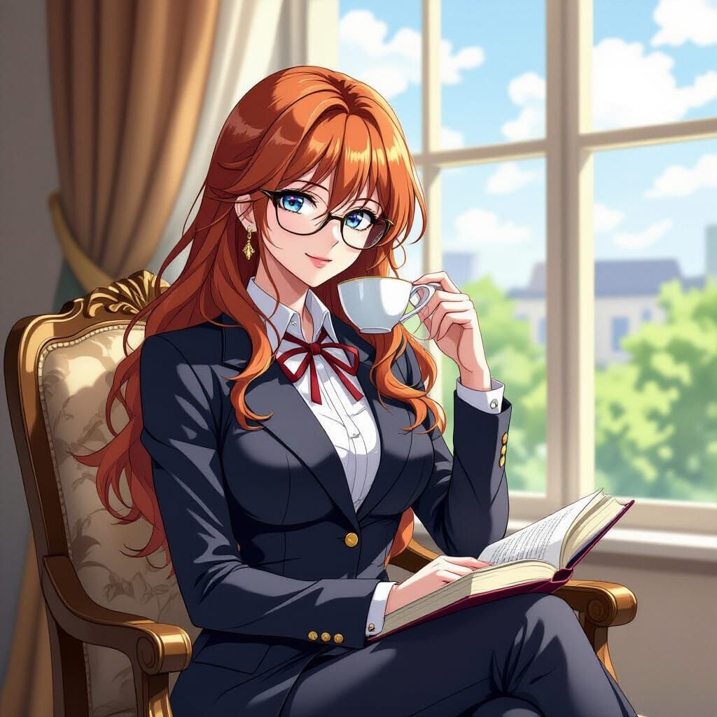 Rias Gremory Drinking Tea in Cel-Shaded Manga Style