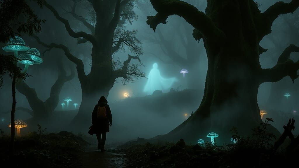 Mysterious Traveler in Ethereal Forest