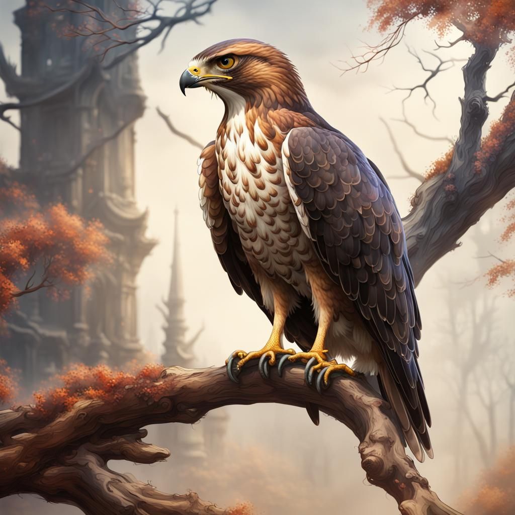 Hawk on Branch in Watercolor Style