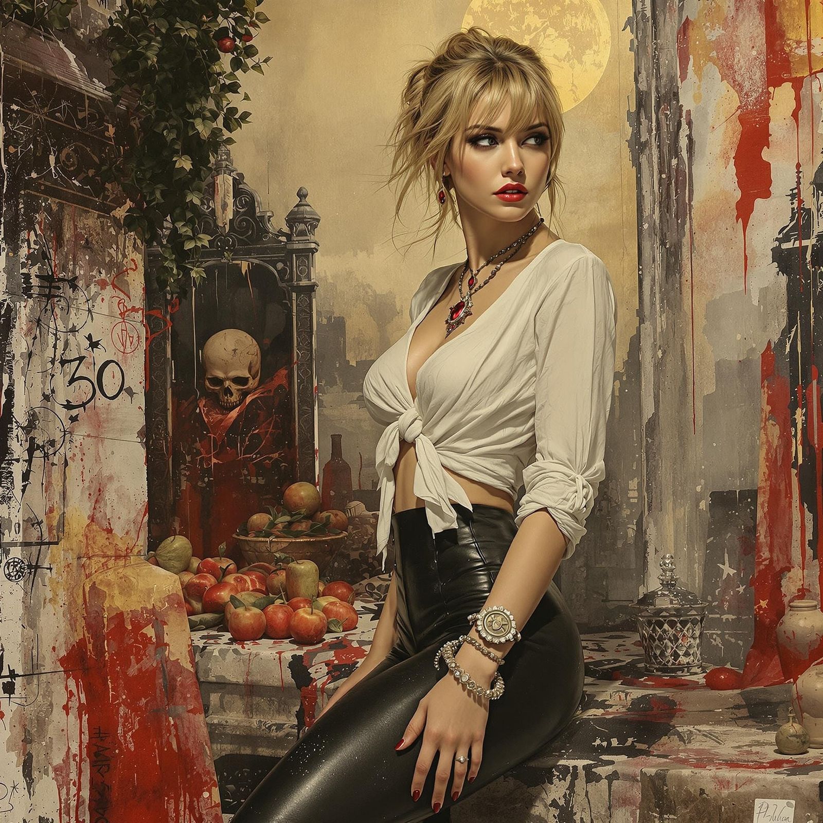 Noir Woman with Ruby Pendant in Surreal Style