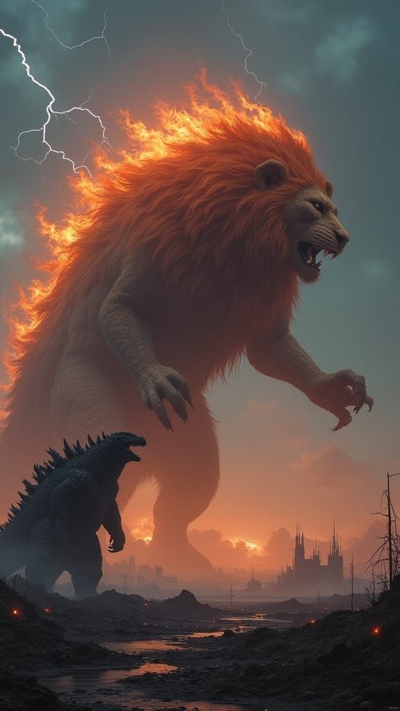 Godzilla Battles Mythical Lion in Post-Apocalyptic Landscape