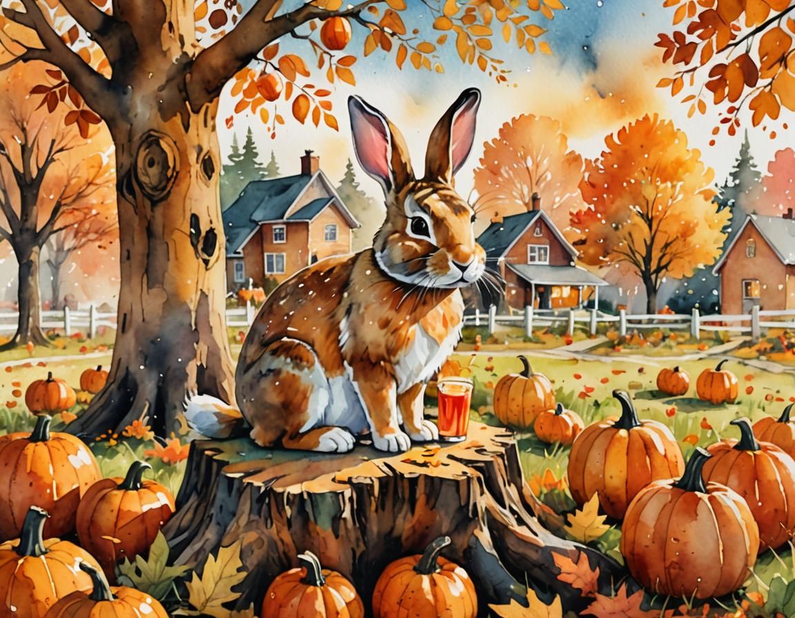 Rabbit Sipping Cider in Autumn Pumpkin Patch