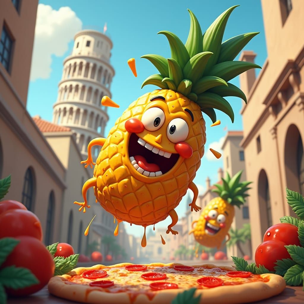 Cartoon Pineapples Tumble from Pizza in Italy