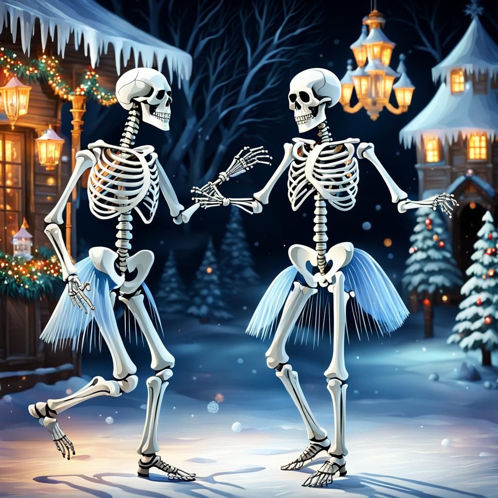Skeletons Waltz on Ice at Winter Holiday