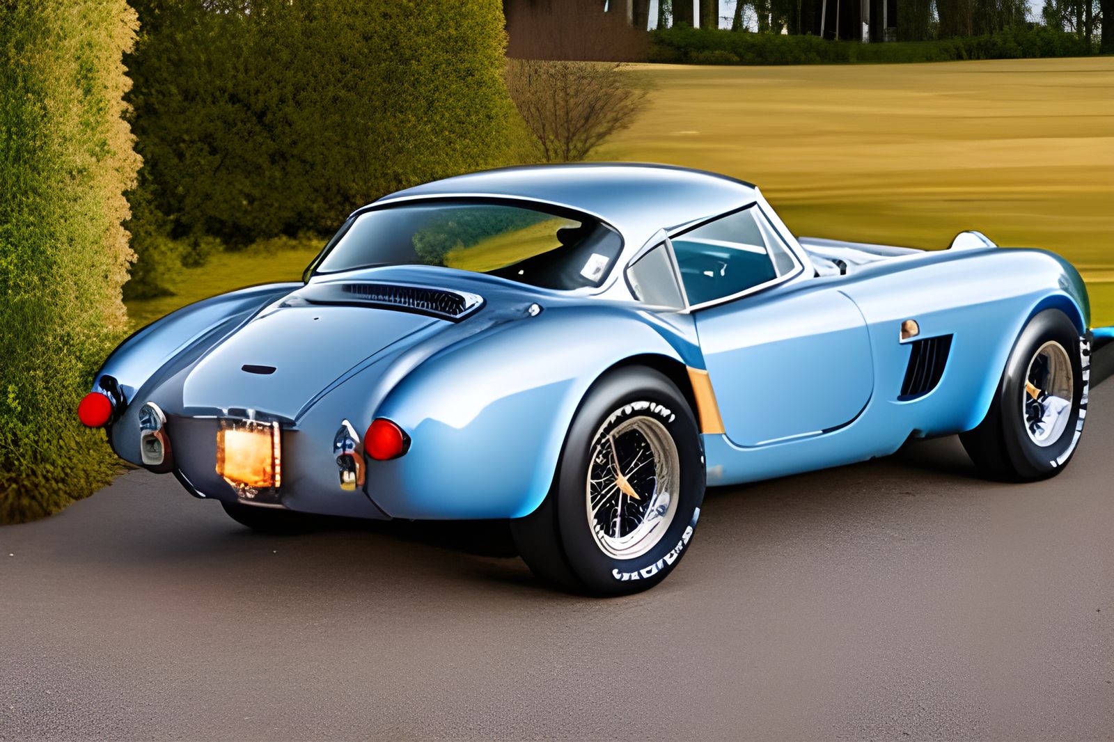 Detailed Blue Shelby Cobra at Castle, Hyperrealistic