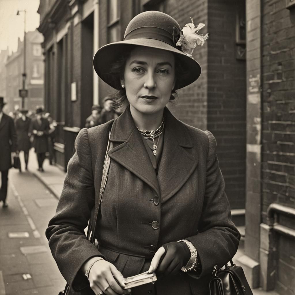 Monochrome Portrait of English Woman in London, Vintage Styl...