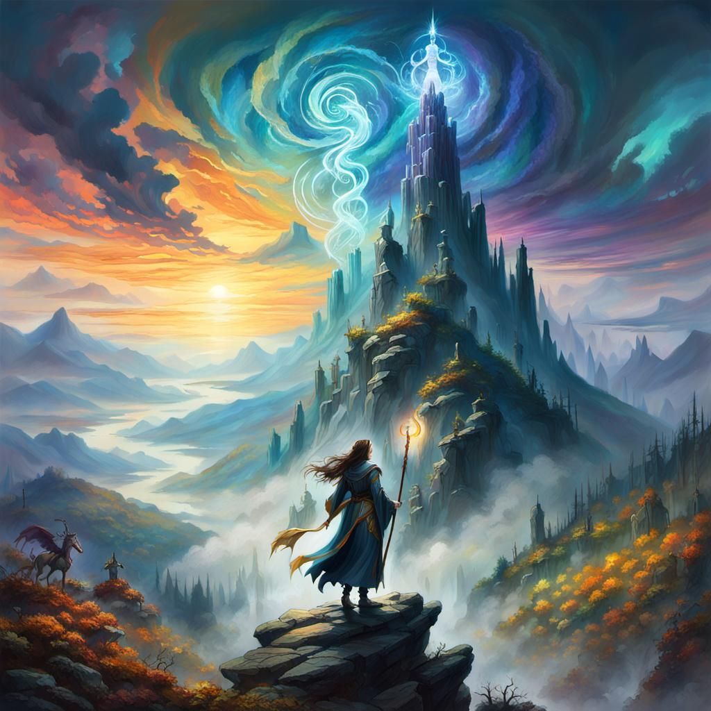 Sorceress on Mist-Shrouded Mountain in Vibrant Oil Painting