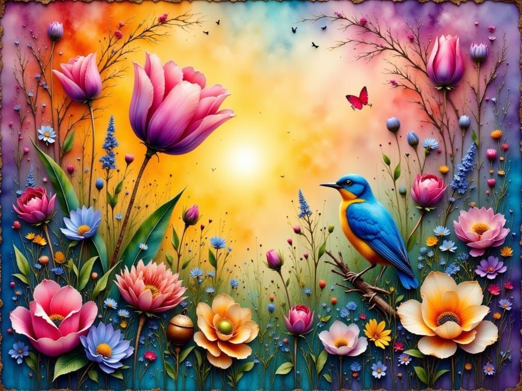 Vibrant Otter in Natural World, Mixed Media Art