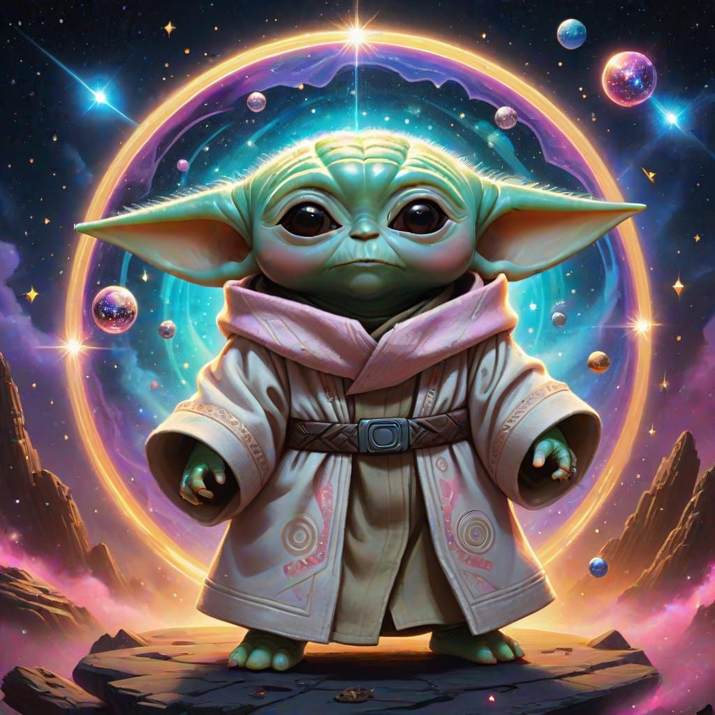 Baby Yoda in a Vibrant Starry Galaxy Dreamscape