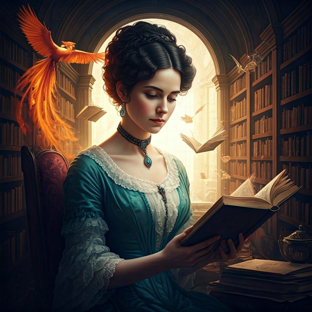 Regency Woman in Magical Library Double Exposure