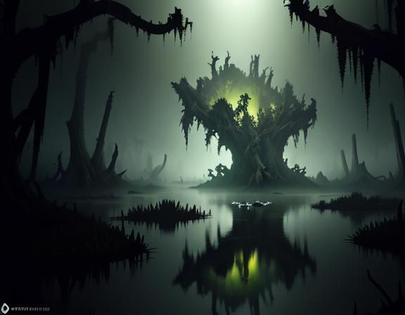 Bullywug in Misty Mangrove Swamp: 3D Cinematic Art