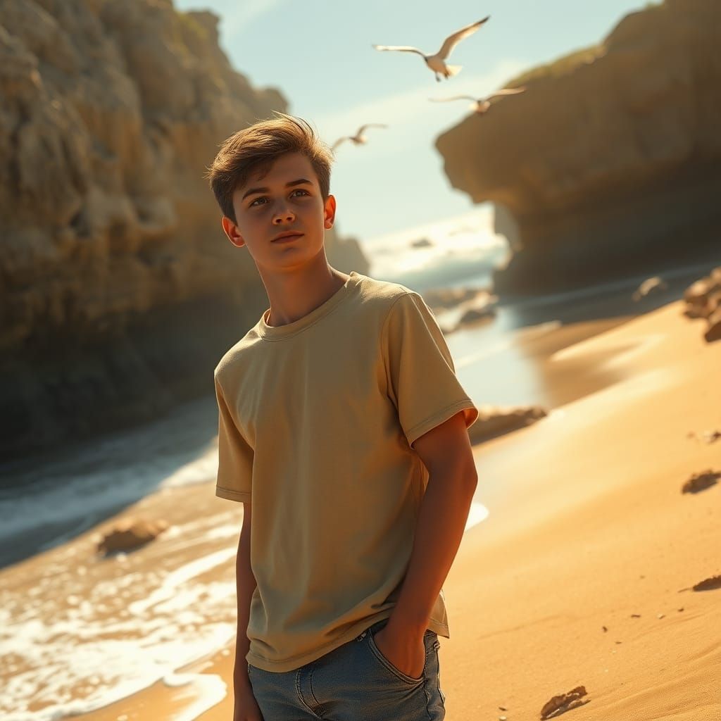 Boy Contemplates Ocean in Detailed Matte Painting