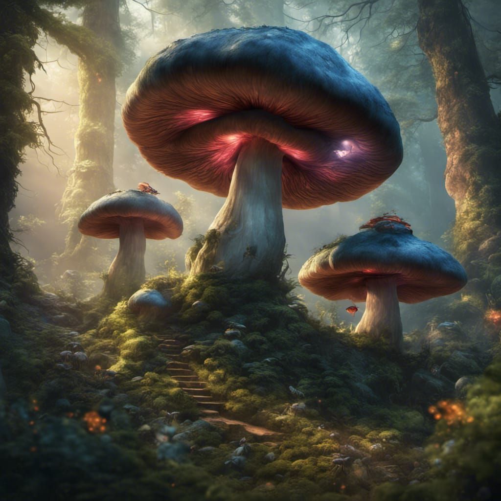 Enchanted Forest: Giant Mushrooms in Detailed Matte Painting