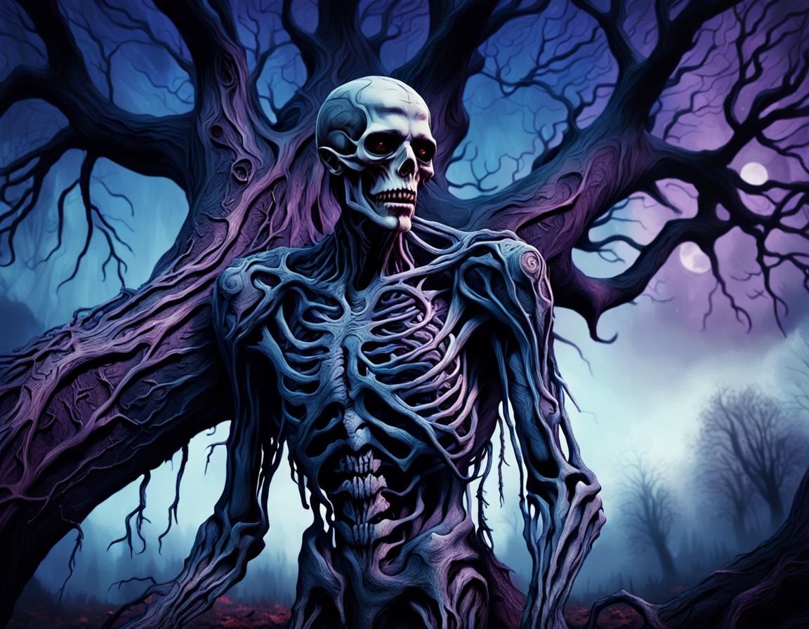 Vampire Embracing Withered Tree: Dark Fantasy Art