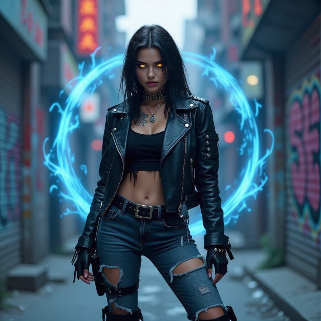 Punk Goth Mage Amidst Arcane Energy, Hyperrealistic Urban Fa...