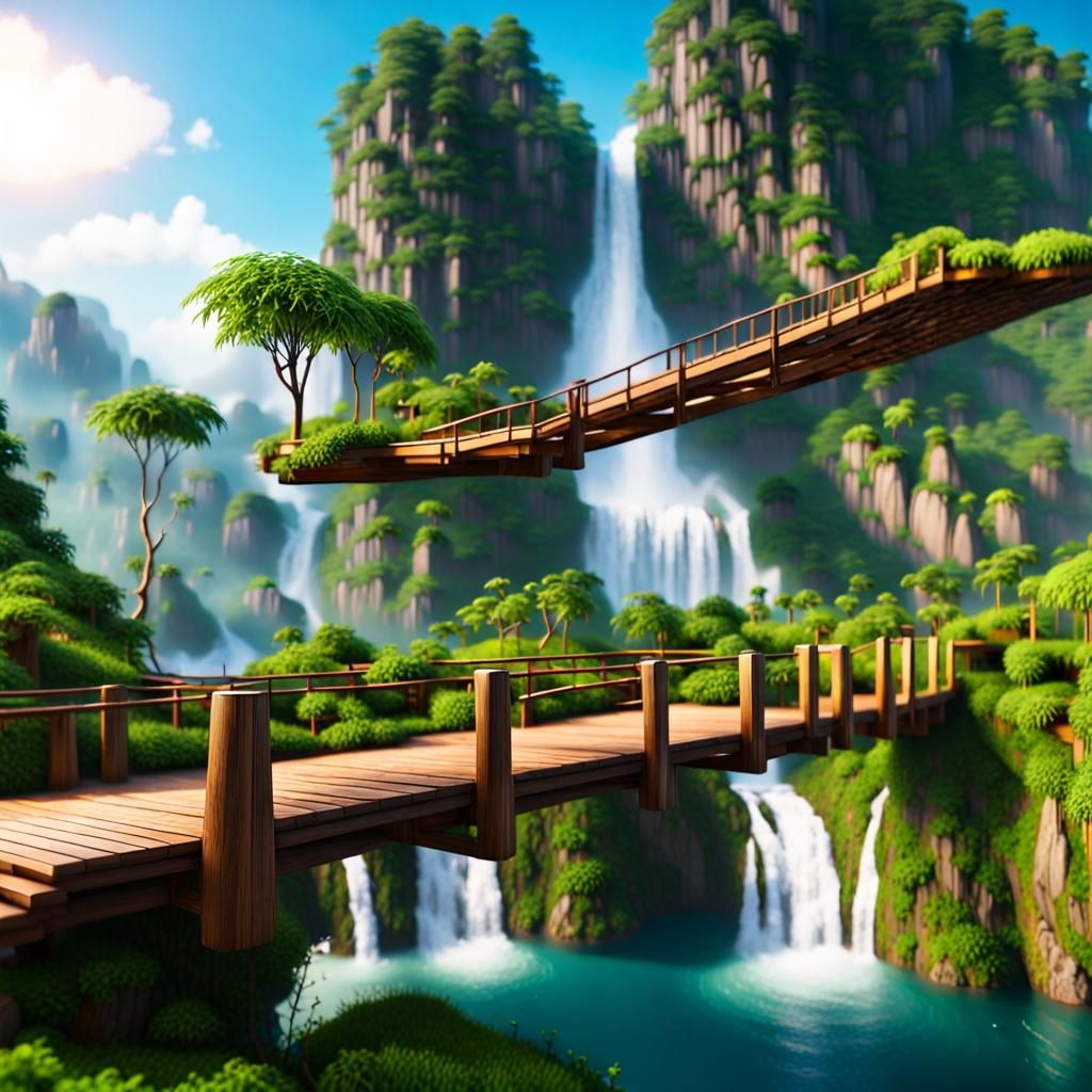Floating Mountain Islands with Waterfalls and Bridges