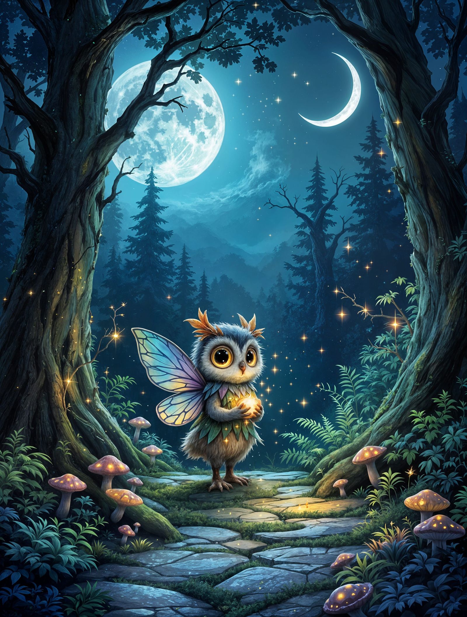 Whimsical Sprite Under Twin Moons in Enchanted Twilight Fore...