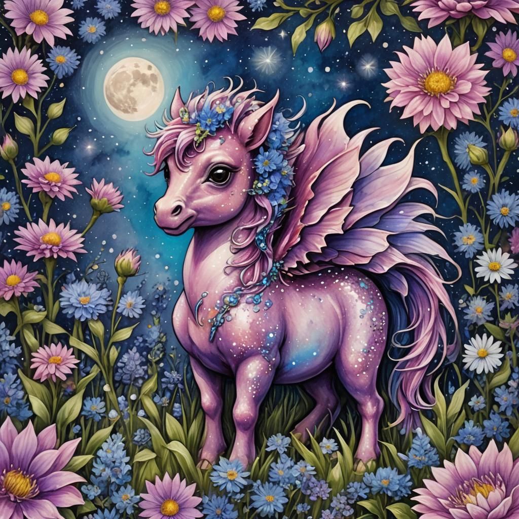 Mystical Dragon-Pony Hybrid in Bejeweled Floral Field
