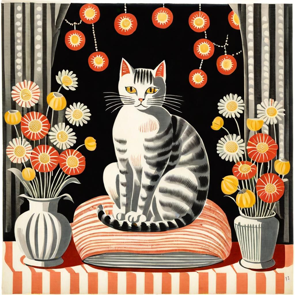 Cat on Pillow Surrounded by Flowers in Naturalistic Style