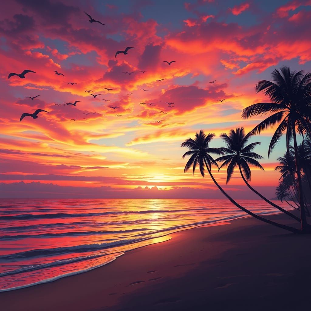 Warm Sunset Beach Scene with Vibrant Skies and Gentle Atmosp...