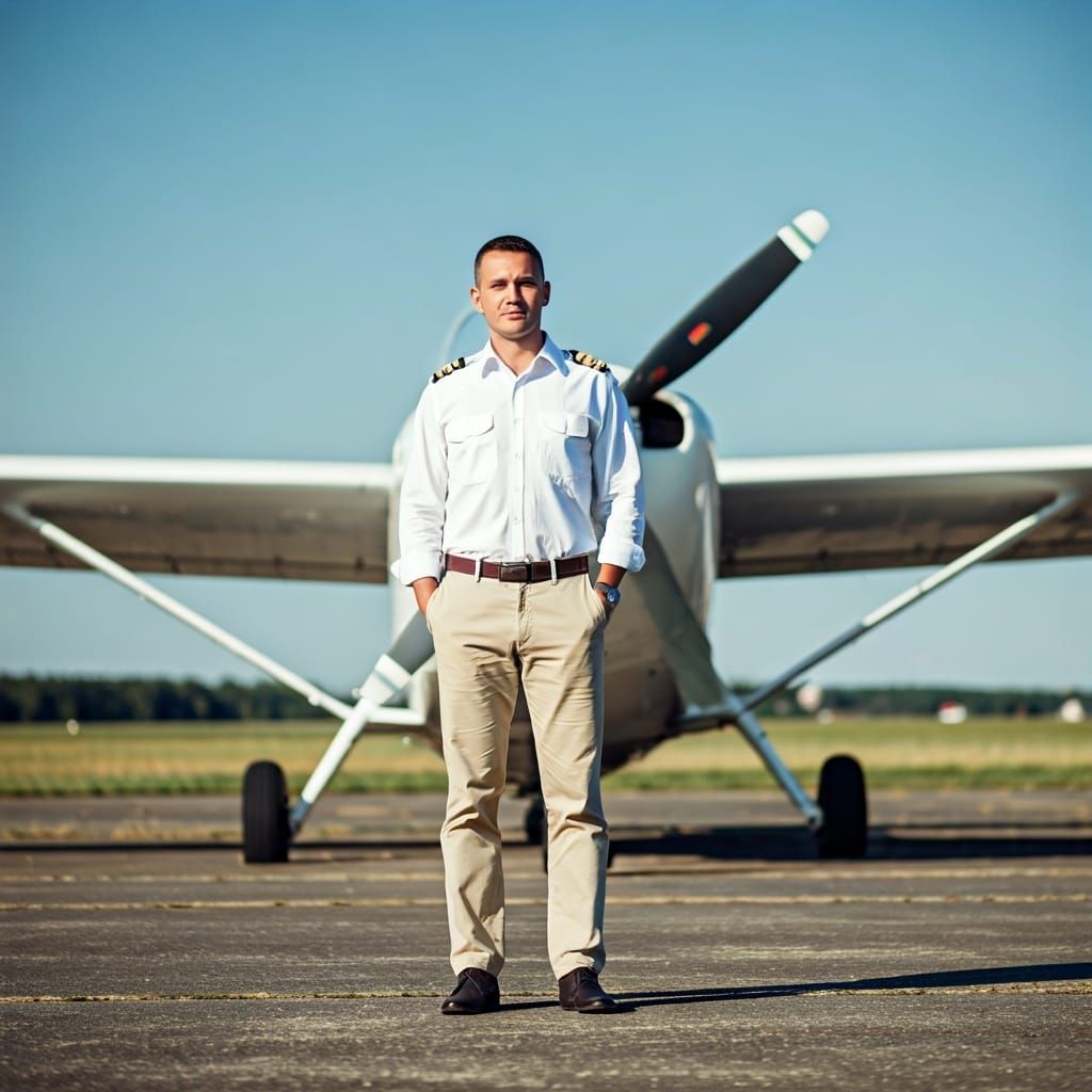 Shirtless Pilot on Airfield: Professional Photography