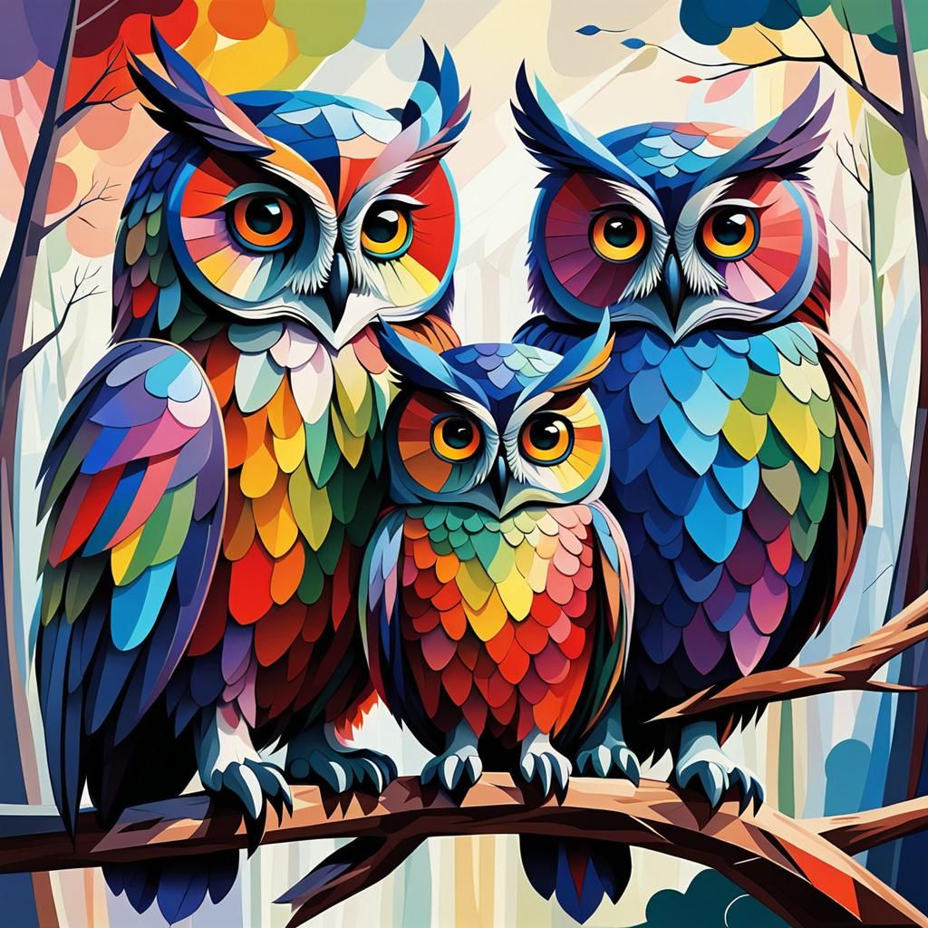 Abstract Cubist Owl-Man With Rainbow Feathers