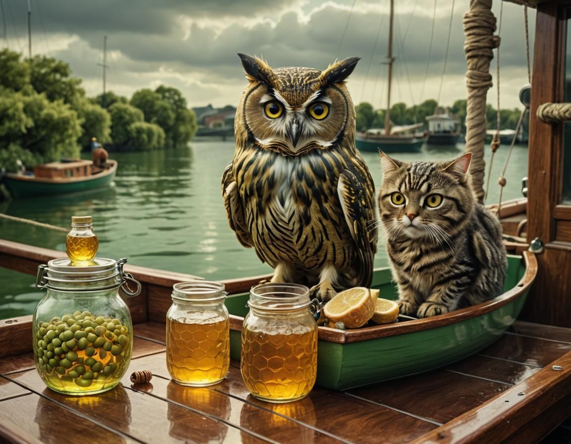 Owl and Cat Sailing in a Pea-Green Boat