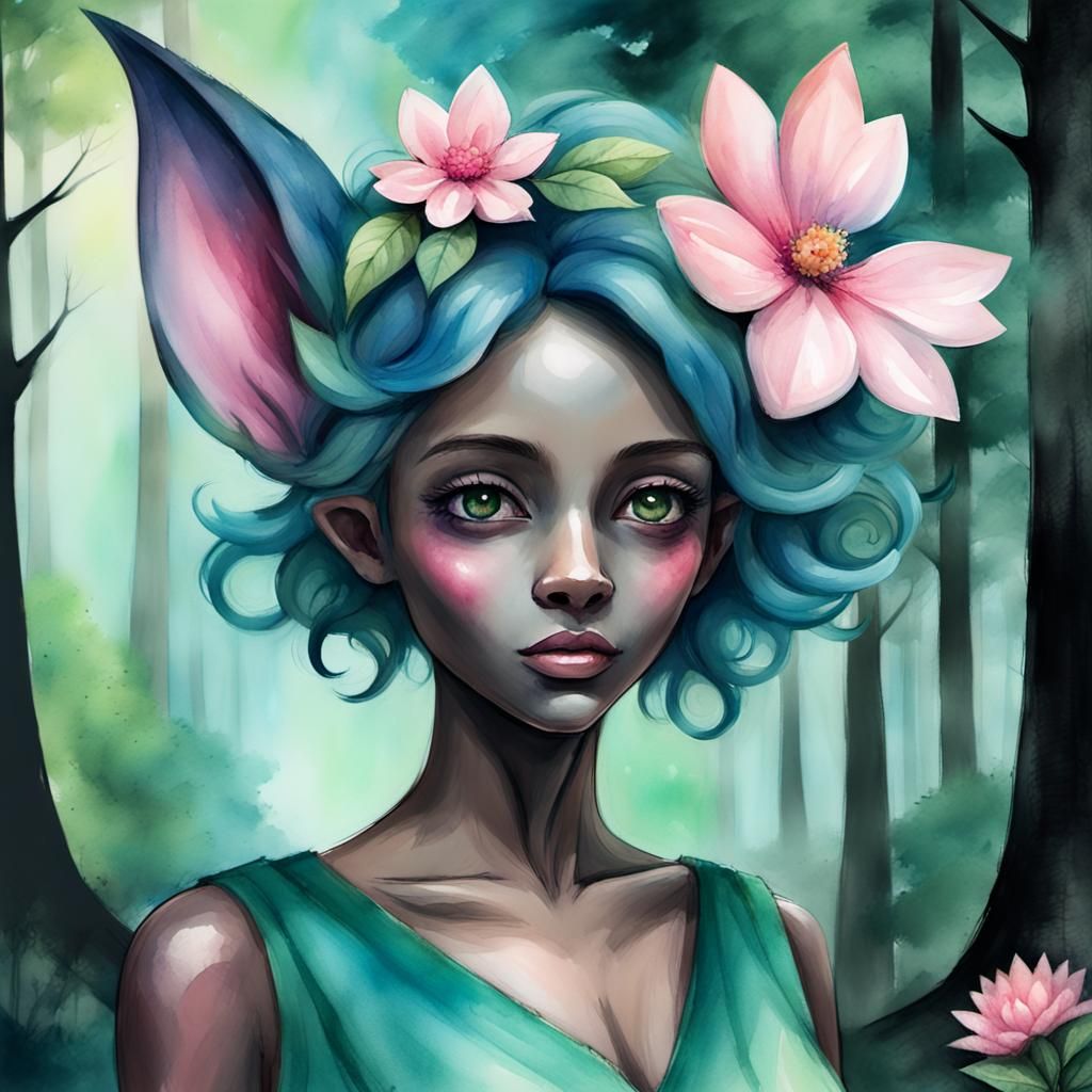 Blue Pixie in Forest: Watercolor Charcoal Drawing