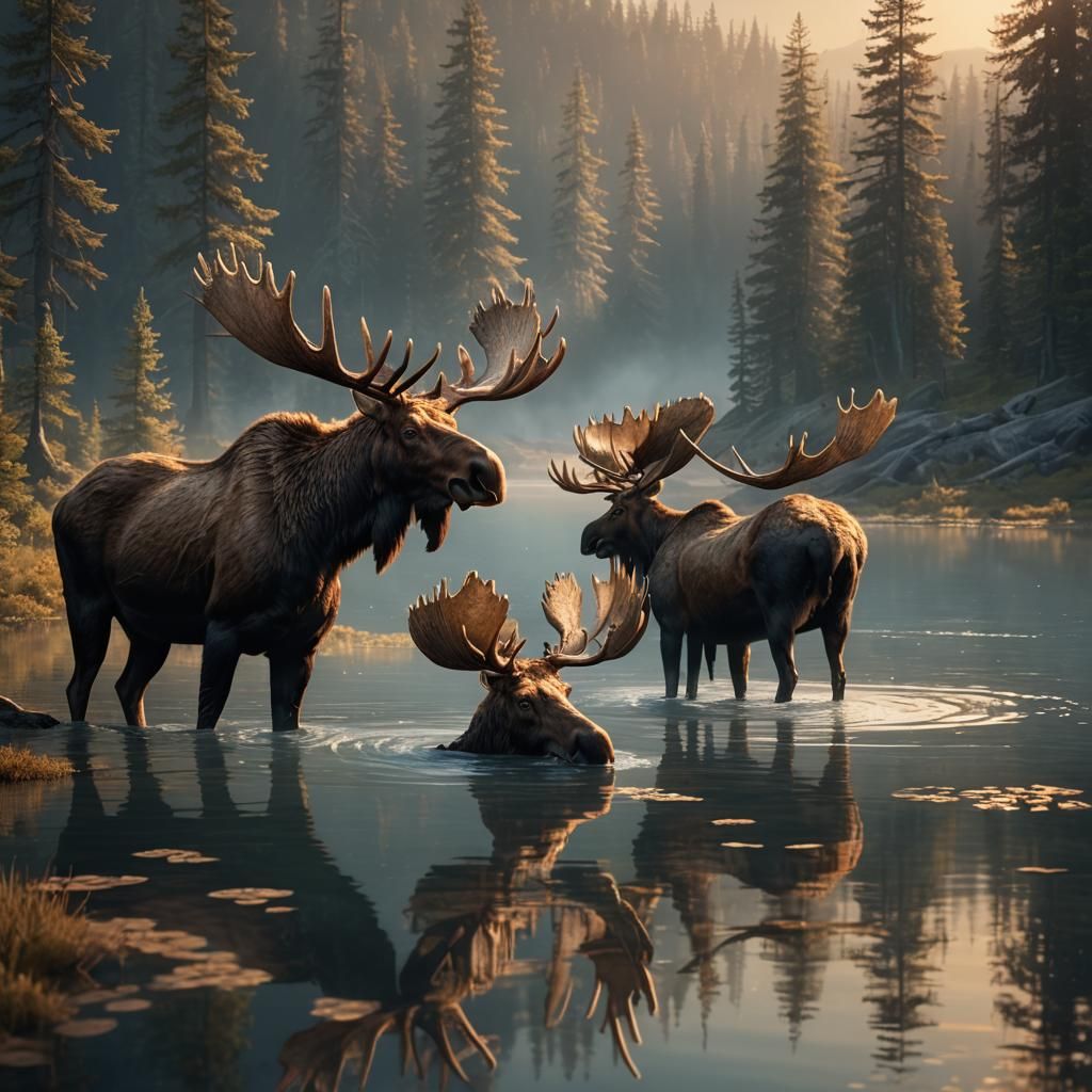 Two Moose at Serene Lake: Fantasy Matte Painting