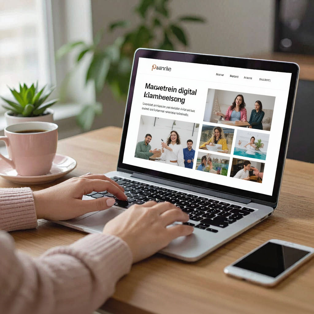 Woman Typing on Laptop with Web Design