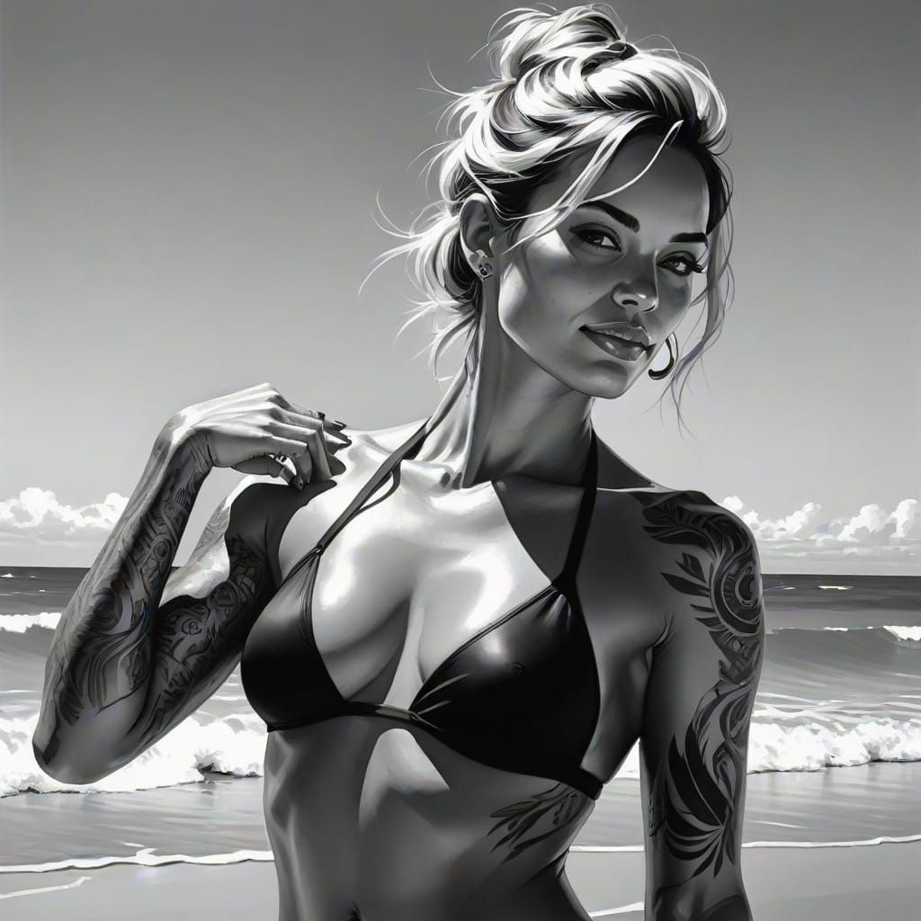 Athletic Woman Relaxing on Beach in Charcoal Drawing Style